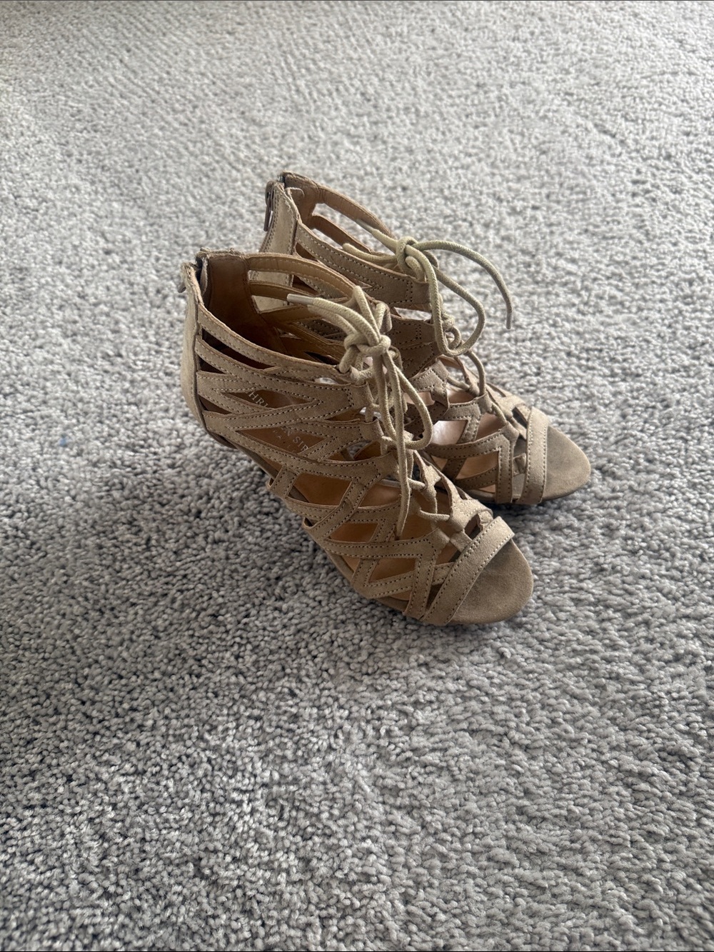 Christian Siriano Beige Lace-Up Cutout Heels